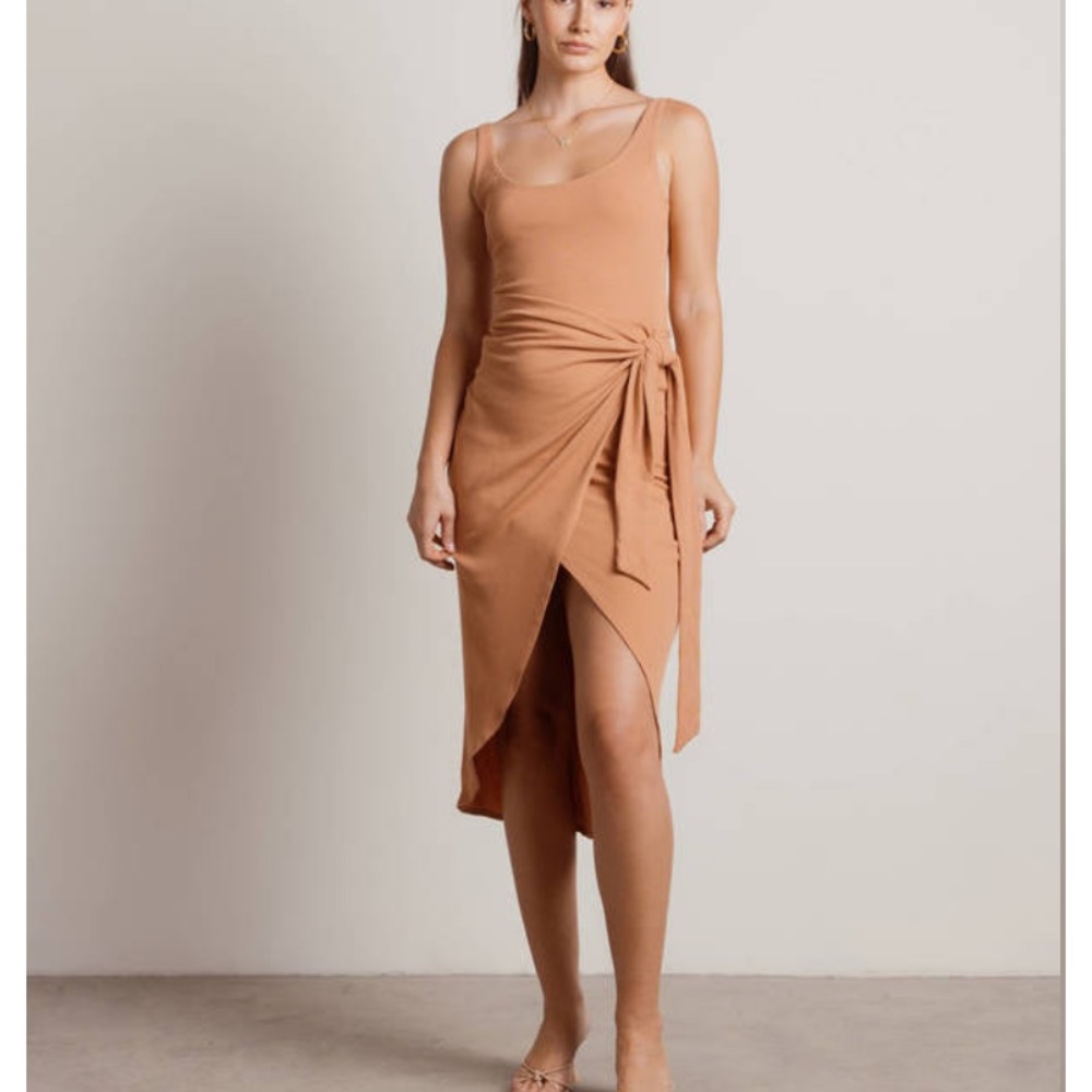 TAN WRAP MIDI DRESS